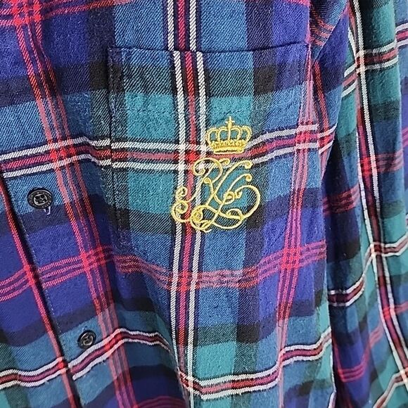 Ralph Lauren Plaid Flannel Night Shirt with embroidered R L crown - Picture 2 of 8
